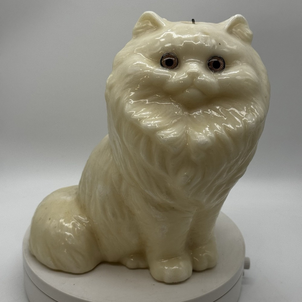 Vintage Persian Cat Wax Candle Ivory Lavender Eyes Carved Sculpted Figurine MCM